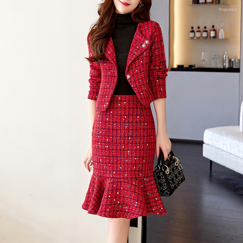 

Two Piece Dress Autumn Winter Women Suits With Skirt Sets Fashion Small Fragrance Office Casual Blazer Set 2 Pieces Suit Skirts Female, Green