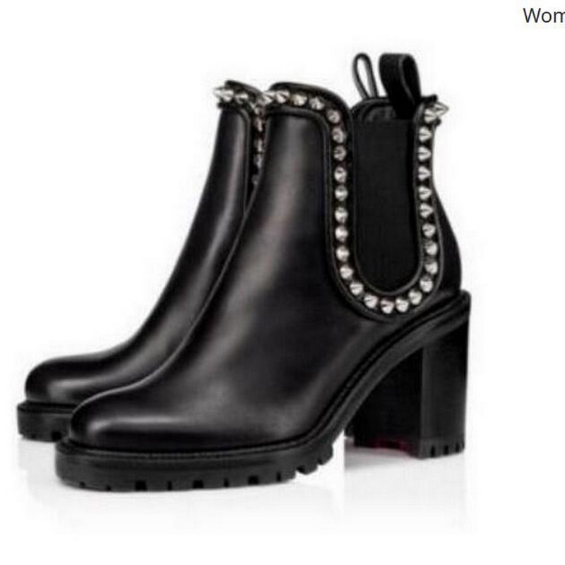 

Women Luxury Studed Round Toe Ankle Boots New Red Bottom Block High Heel Rivet Decor Booties Calfskin Leather Chelsea Short Boot Winter Autumn Ladies Square Heel Shoe, Black