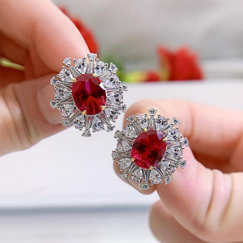 

Stud Earrings Flower Ruby Diamond Earring 925 Sterling Silver Engagement Wedding For Women Bridal Promise Party Jewelry Gift