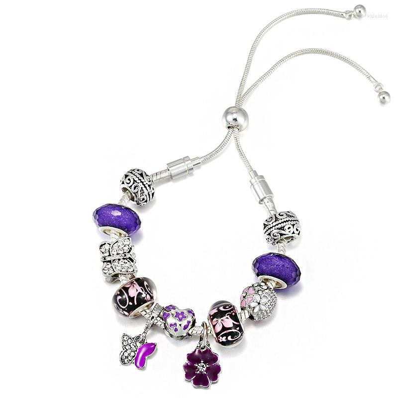 

Charm Bracelets Purple Heart Clover Charms Bracelet Women Adjustable Pulsera Men Enamel Flower Glass Beads DIY Clear CZ Butterfly Pendant