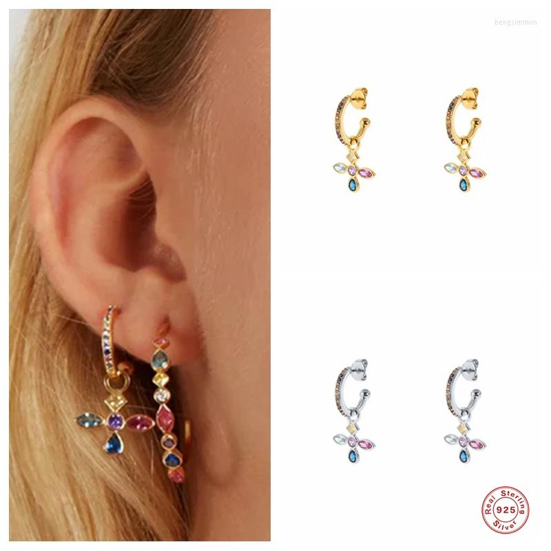 

Dangle Earrings BOAKO 925 Sterling Silver Colorful Zircon Cross Pendant Drop Earring C Shape Circle Rainbow Crystal Women Jewelry
