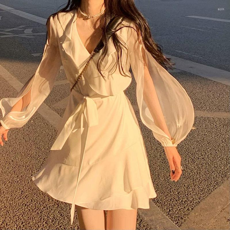 

Casual Dresses Women Ruffled Fishtail V-neck Dress 2022 Spring Summer Vestido De Mujer Femme Robe, White