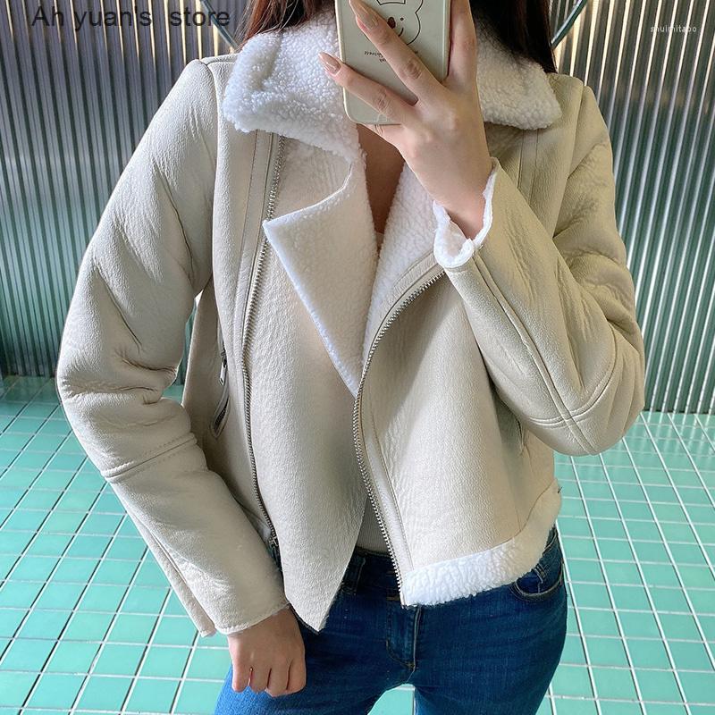

Women' Leather Ah Yuan Winter Women Streetwear Faux Lamb Short Jackets Warm Thick Lambs Wool Fur Collar Suede Coat Outwear, Beige