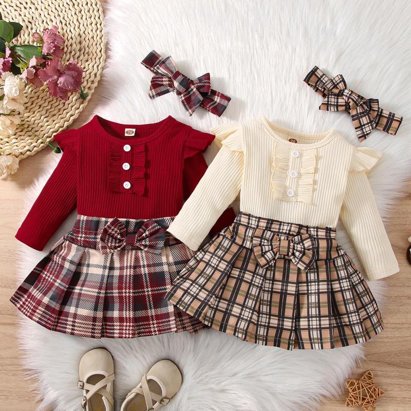 

Clothing Sets 3 Month Outfit Girl Infant Girls Long Sleeve Ruffles Ribbed Romper Bodysuits Plaid Prints Checke Sweat Suit Skirt Toddler, Beige