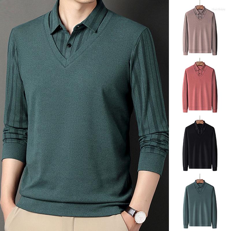 

Men's Casual Shirts Men's Fashion Fake Two Knitted T-shirts Business Long Sleeve Lapel Striped Waistcoat Base Fall Winter Loose Top