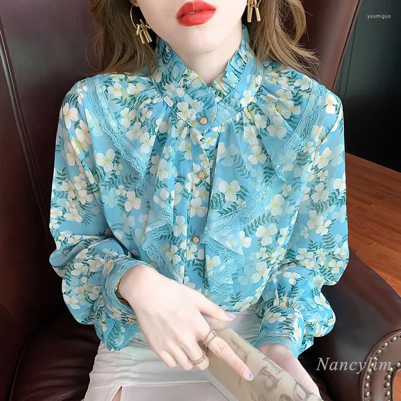 

Women' Blouses Sweet Floral Blouse Womens Ruffled Stand Collar Chiffon Shirt Long Sleeve Blusas Ladies Clothes Female Tops Spring Summer, Picture color
