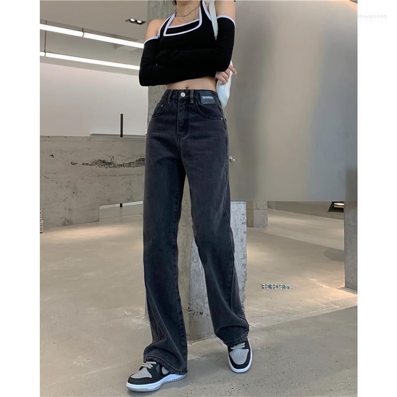 

Women' Jeans Women' Woman Streetwear Vintage Quality Fashion Harajuku Straight Pants High Waist Letter Print Clothes Wide Leg Denim, Black grey