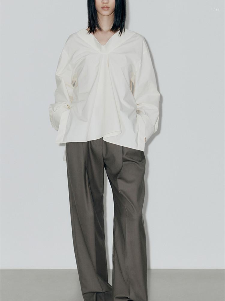 

Women' Blouses Cotton 2022 V-Neck Shirt Ladies Solid Color Loose Long Sleeve Irregular, Dark blue