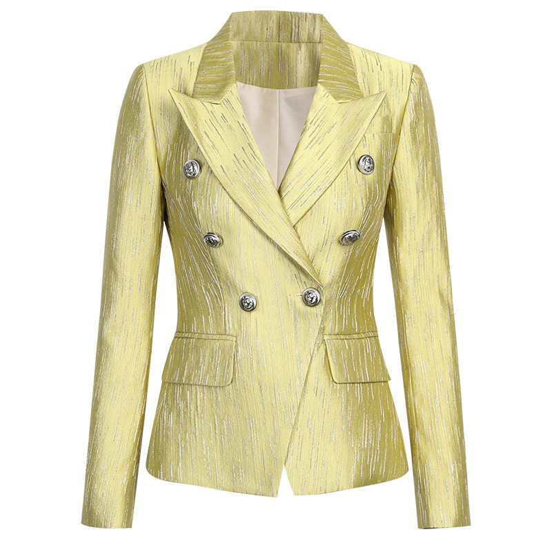 

High-quality office lady double-breasted classic gold blazer, 20156-1