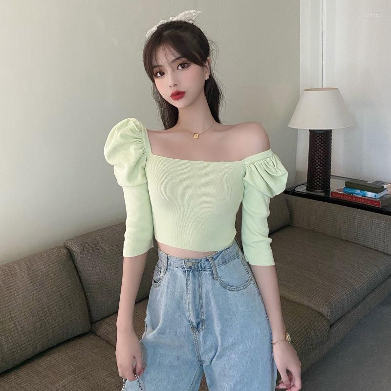 

Women' T Shirts Woman Tshirts Purple Top Female Summer Clothes Puff Sleeve Square Collar Short 2022 Crop Mujer Camisetas, Black