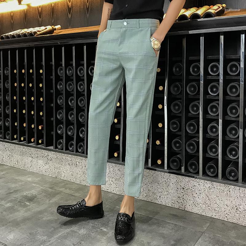 

Men's Pants Plaid Trouser Suits Summer Green Check Wedding Dress Slim Fit Grey Elegant Streetwear Vintage Cropped Tight Work