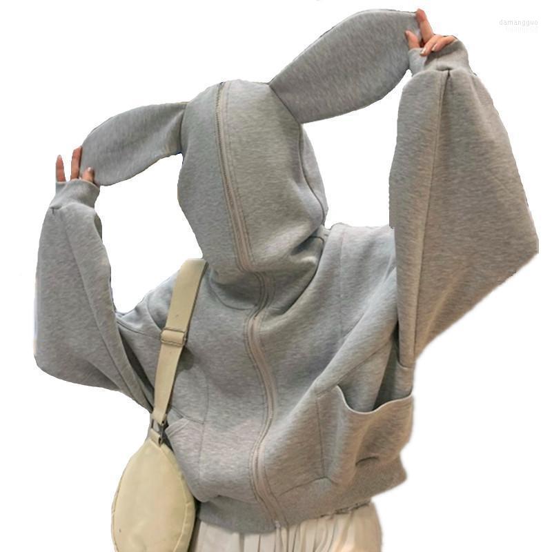 

Women's Hoodies Spring Autumn Kawaii Style Women Funny Long Ears Hooded Sweatshirt Sleeve Casual Zip Up Short Hoodie Women's &, Gray