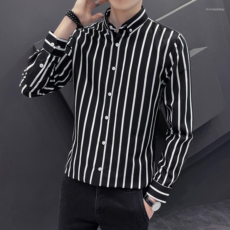 

Men's Casual Shirts Korean Autumn Button Fashion Down Long Sleeve Striped Business Slim Fit Male Outwear Tops Blouse Clothing, Blue