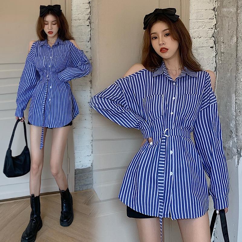 

Women's Blouses Long-sleeved Shirt 2022 Autumn Plus Size Women's Strapless Lapel Waist Striped Mid-length Women, Blue