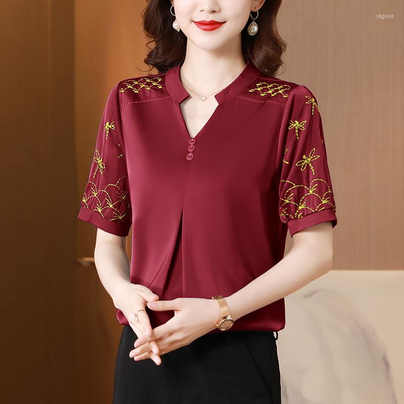 

Women's Blouses Poplin Women's Blouse V-neck Embroidery Top Short Sleeve Fashion Casual Shirt, Red
