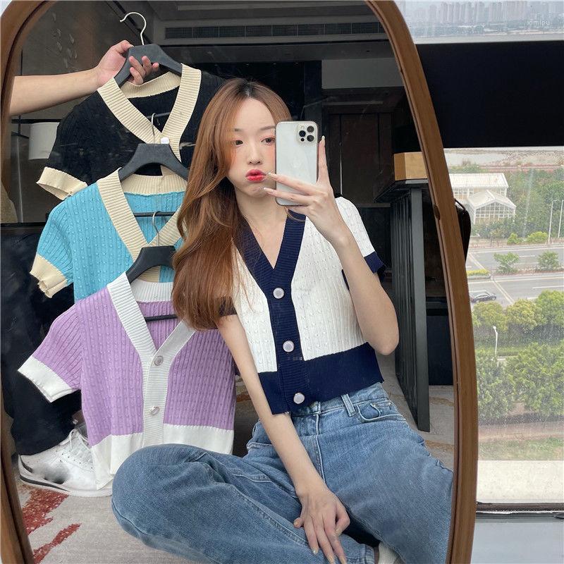

Women' T Shirts Woman TShirts T-shirt Knitwear Loose V-neck Stitching Cardigan Top 2022 Summer Short Sleeve Jacket Crop Mujer Camisetas, Black