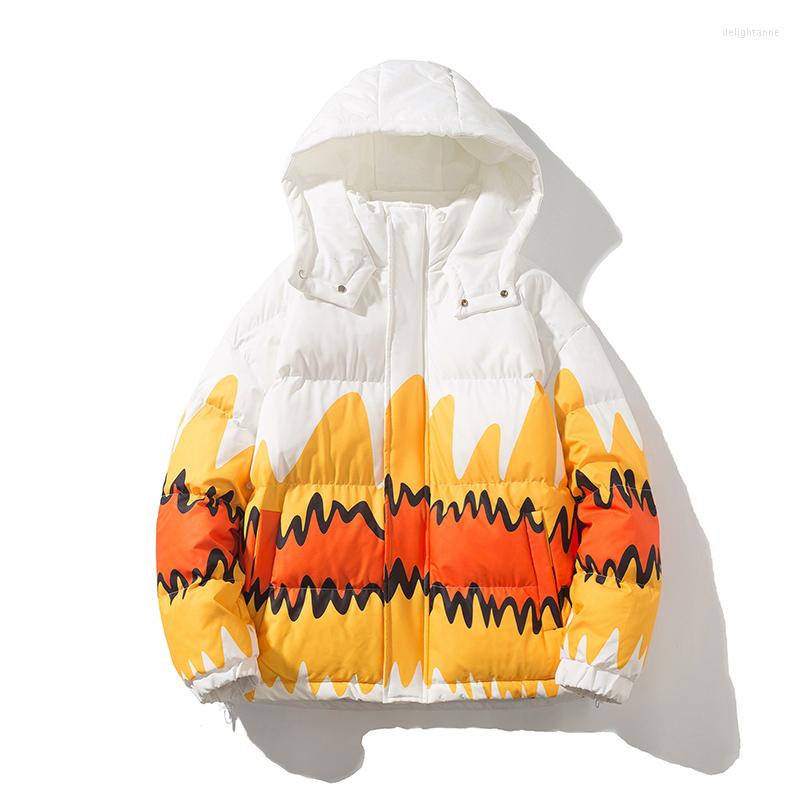 

Men' Down Wave Print Jacket Parka Winter Thick Outerwear Hooded Padded Windbreaker Quilted Coat Warm Outwear, Purple