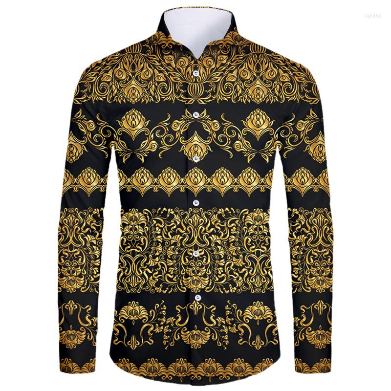 

Men's Casual Shirts IFPD Luxury Long Sleeves Shirt Men's Golden Floral Printed Baroque Royal Summer Prom Party Hawaiian Oversize