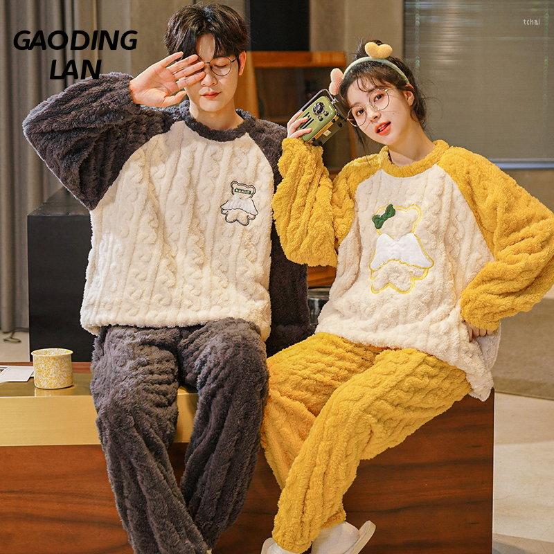

Men's Sleepwear Long Sleeve Thick Warm Coral Velvet Men Pyjamas Set Cartoon Embroidery Couple Pajamas Large Size Winter Flannel 7900