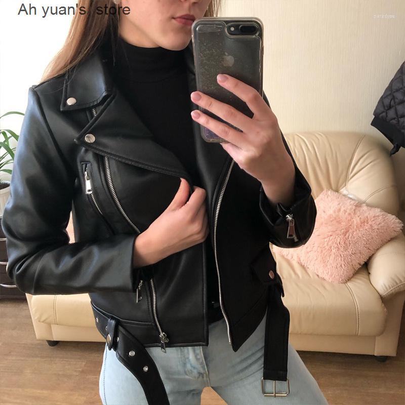 

Women' Leather Ah Yuan Women Spring Autumn Black Faux Jackets Zipper Basic Coat Turn-down Collar Motor Biker Jacket With Belt