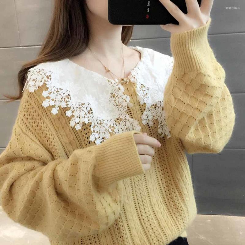 

Women's Sweaters 2022 Autumn Winter Vintage Lace Knitted Women's Sweater Fashion Turn-down Collar Long Sleeve Pullovers Ladies Chic, Blue
