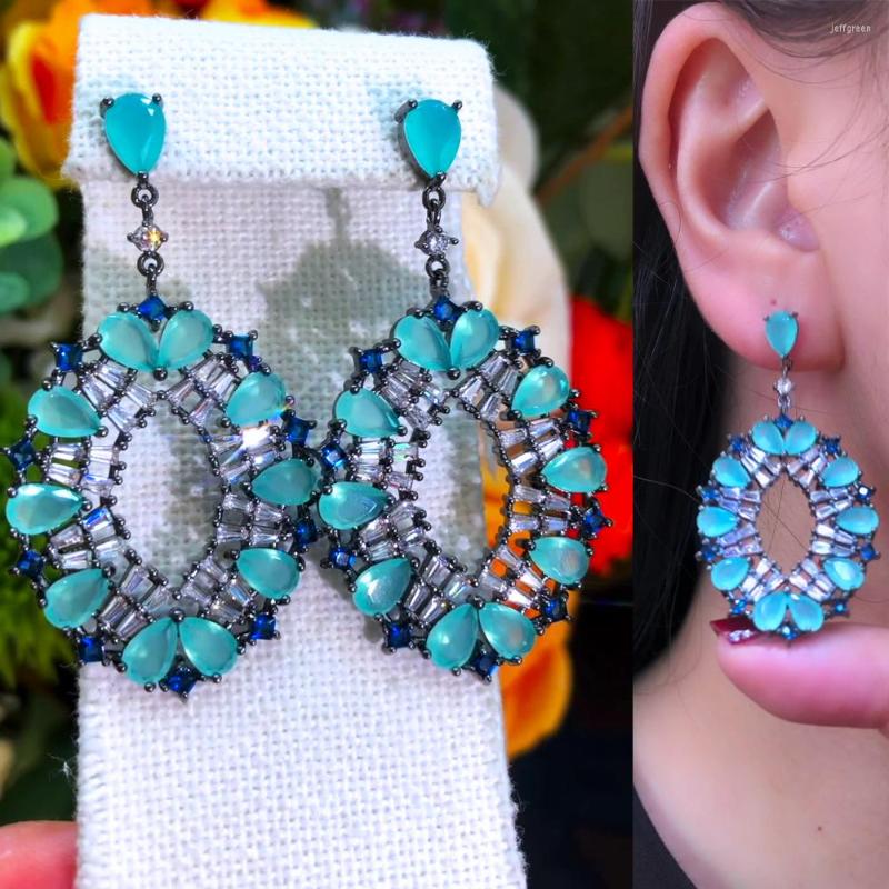 

Dangle Earrings Jimbora Luxury Charm Round Blue Pendant Cubic Zirconia Engagement Party Jewelry For Women Bridal Wedding