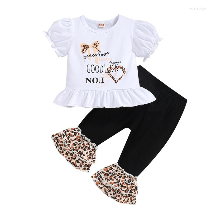 

Clothing Sets Born Girl Long Pants Outfits Short Puff Sleeve Letter Printed Tops Leopard Pattern Ruffles Decor Flare Set, Picture shown
