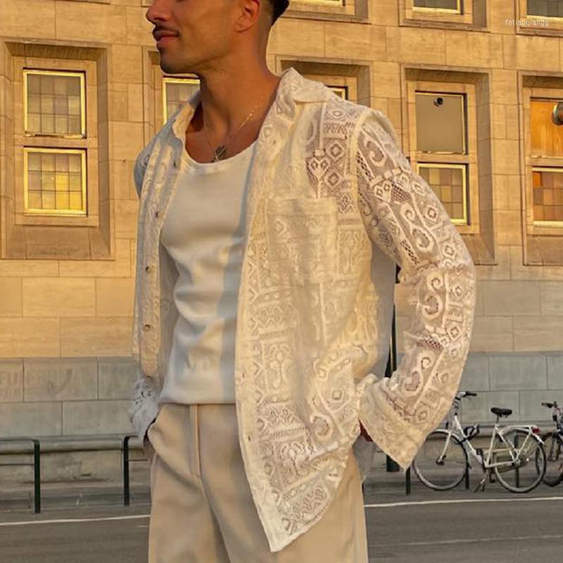 

Men' Casual Shirts Vintage Lace Embroidery Men Autumn Fashion Solid Color Loose Long Sleeve Buttoned Cardigans Mens Shirt Streetwear, 01 white