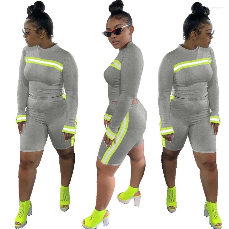 

Women' Tracksuits Grey Color Neon Green Striped 2 Piece Set Women O-neck Full Sleeve Top And Biker Shorts Casual Tracksuit Outfit MDN8282, Gray