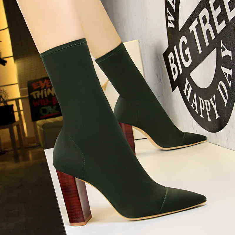

Women Boots 3129 3 Fashion Simple Wood Grain Heel Thick Pointed Elastic Lycra Sexy Nightclub Slim 07091011, Green