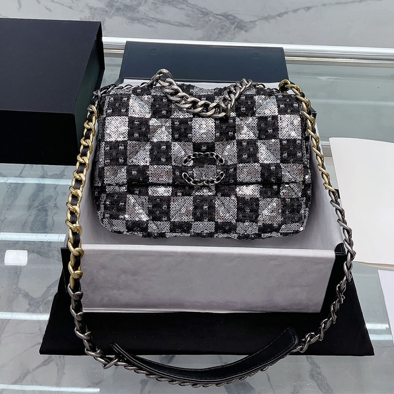 

Women Luxurys Designers Channel 19 Sequins bags 9A Quality Lady Fashion Flap Shoulder Crossbody Gold Silver Mix Chain Handbag Evening Party, Separate style contact us