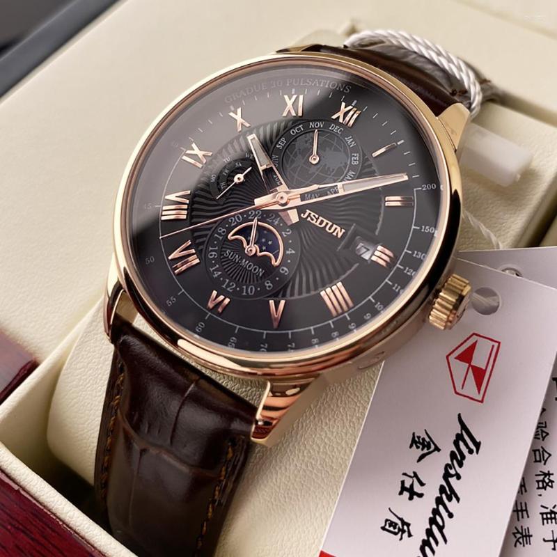 

Wristwatches JSDUN Men Mechanical Watch Top Automatic Leather Waterproof Sports Moon Phase Wristwatch 8909, Gold black