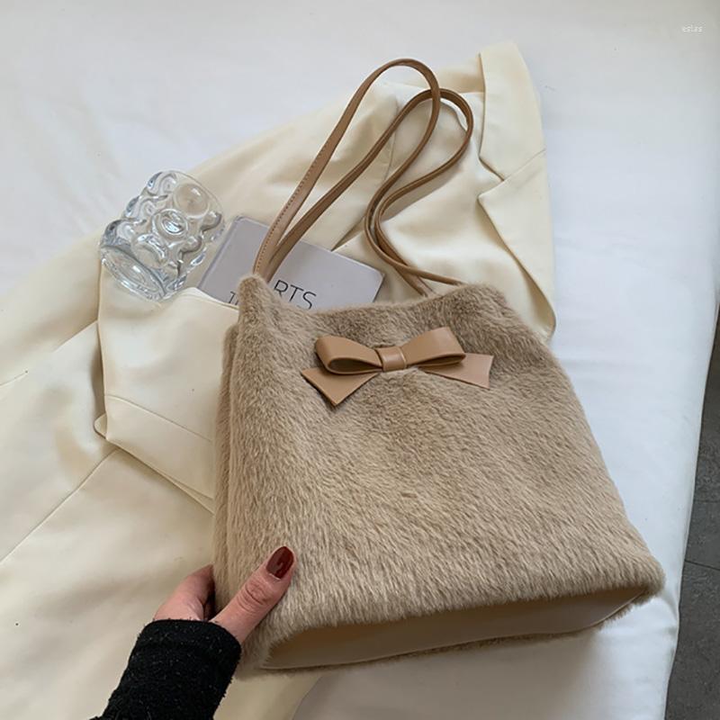 

Evening Bags Plush Bow Casual Tote For Women 2022 Large Capacity Luxury Handbags Designer Fashion Shoulder Bag Sac A Main Femme, Beige