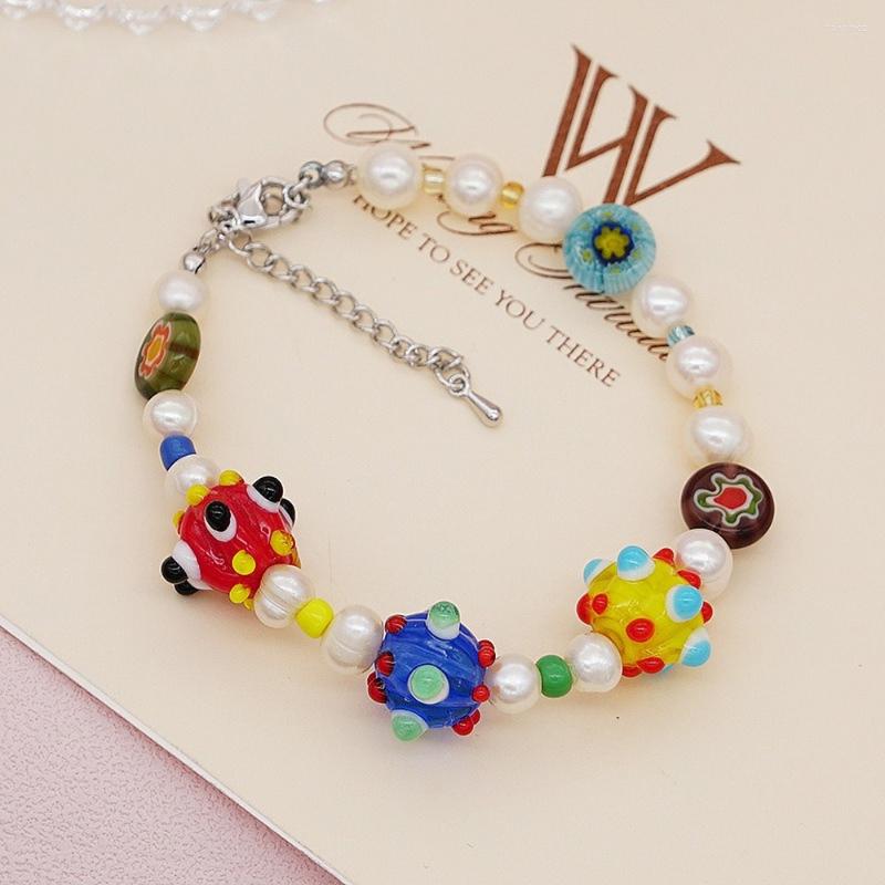 

Link Bracelets All-Match Glaze Small Flower Dopamine Sugar Block Freshwater Pearl Stitching Bouquet Mille-Fleurs Beaded Bracelet