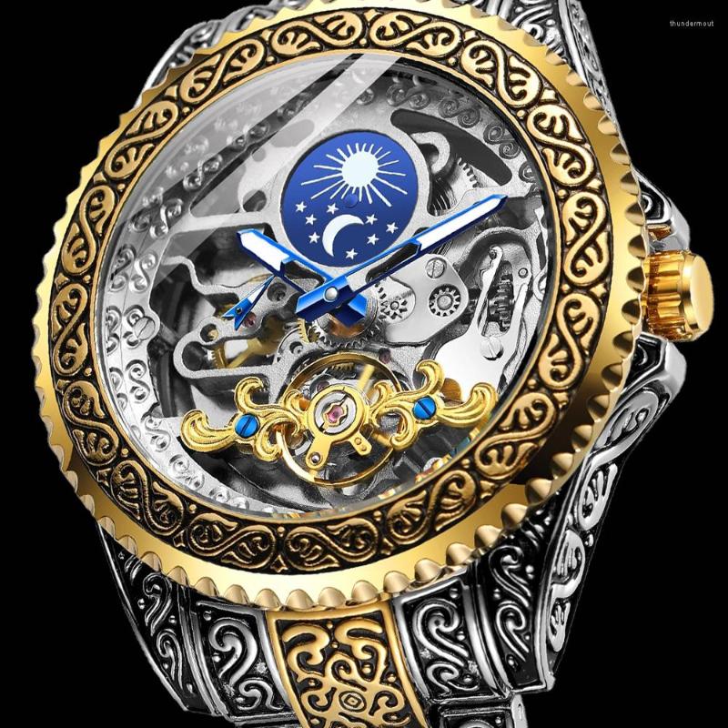 

Wristwatches Forsining Engraved Vintage Moon Phase Steel Automatic Tourbillon Watch For Men Mechanical Skeleton Mens Watches Top Brand, Gold