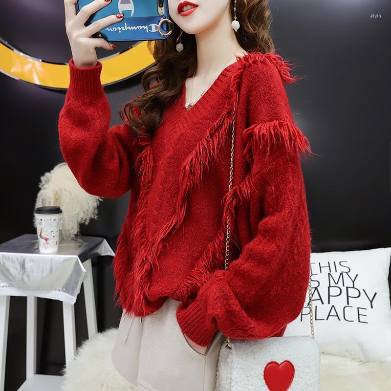 

Women' Sweaters Woman Chandails Very Fairy Sweater Women' Red Loose-Fitting Tassel V-neck Top, Blue