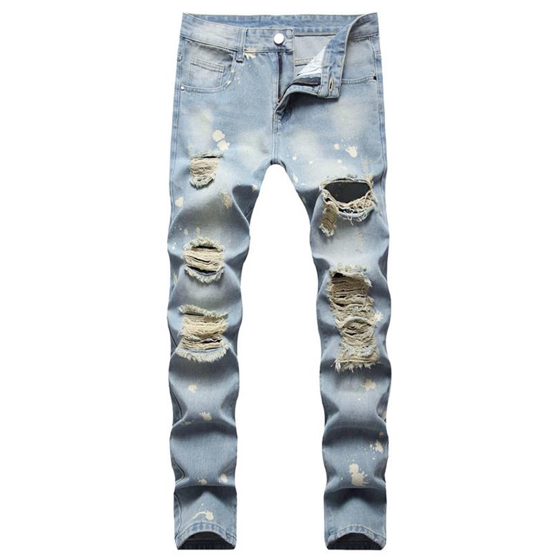 

Ripped straight washed casual Jeans youth nostalgic men's trousers249d, Light blue