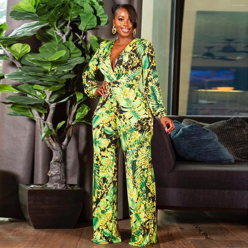 

Pants Plus Size Women 5xl Jumpsuit Floral Print One Piece Outfit Female Fashion Wide Leg Pant Lady Designer V Neck Wholesale Clothes, Green