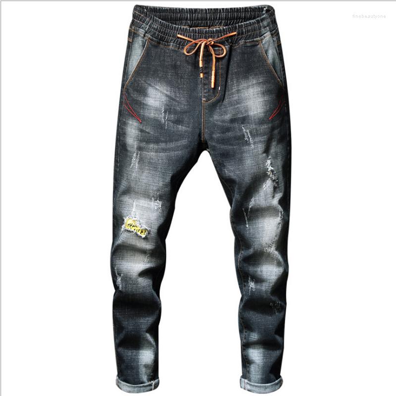 

Men's Pants Autumn Winter 2022 Fashion Casual Harem Elastic Waist Men's Korean Slim Stretch Young Lace-up Denim Trousers With Holes, Blue