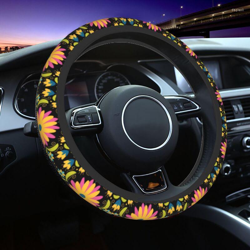 

Steering Wheel Covers Mexican Otomi Embroidery Pattern 14.5-15 Inch Women Mexico Flower Protector For Sedan Car