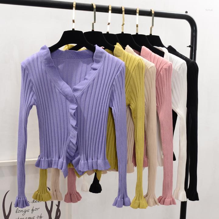 

Women's Knits Spring Summer Women Ruffles Sweaters Cardigans Lady Knitting Thin Sweet Cardigan Outwear Crop Top For Female, Black