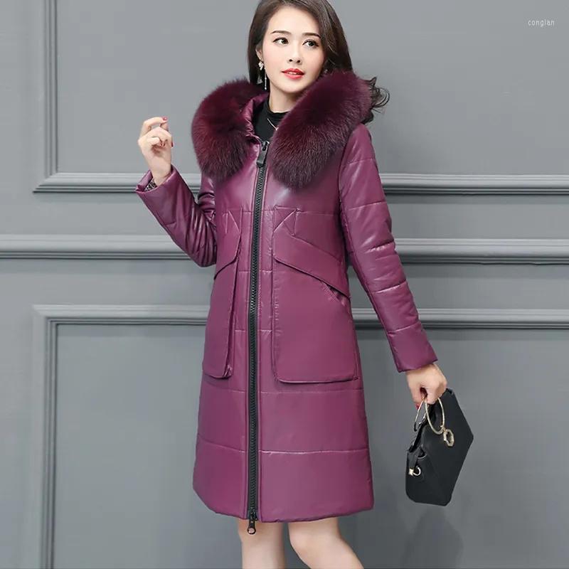 

Women's Leather 2022 Winter Parkas Women Thicken Cotton-padded Jacket Composite Sheepskin Coat Hooded Fur Collar Overcoat Oversize L-6XL, Khaki