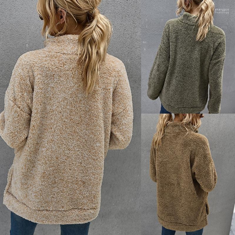 

Women' Hoodies Women Winter Fuzzy Plush Thick Sweatshirt Long Sleeve Stand Collar Buttons Pullover Tops Solid Color Split High Low Loose, Beige