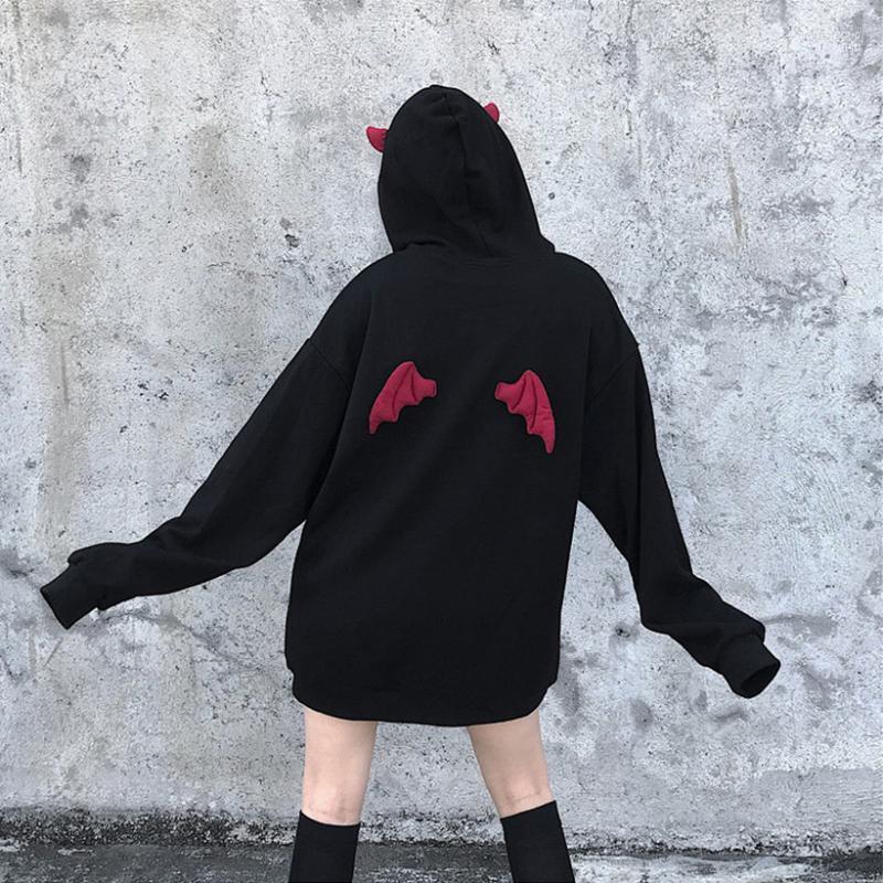 

Women's Hoodies Harajuku Dark Fleece Pullover Hoodie Women Autumn Winter Korean Wing Streetwear Oversized Sweatshirt Long Sleeve Top Clothes, Black