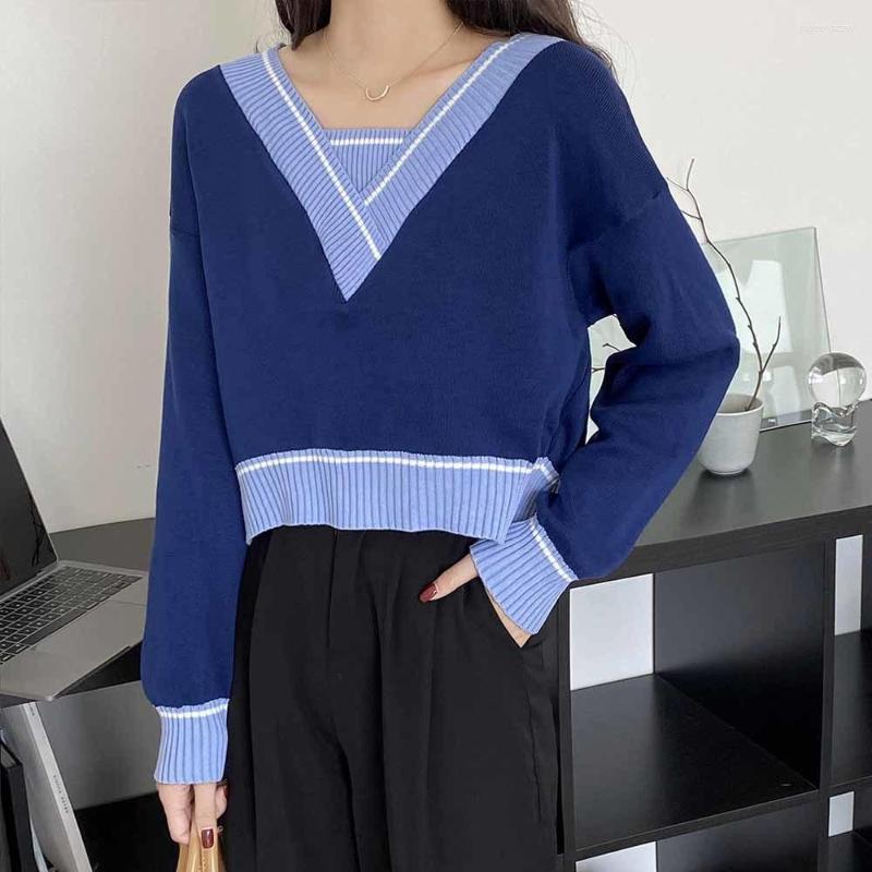 

Women's Sweaters 2022 V Neck Casual Women Pullovers Streetwear Knitwear Sweater Vintage Color Patchwork Long Sleeve Ladies Jumpers, Black