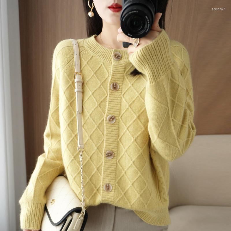 

Women' Knits Round Neck Single-breasted Soft Waxy Knitted 100 Cashmere Cardigan Women' Retro Rhombus Jacquard Lazy Short Coat Top, Yellow