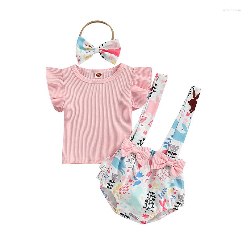 

Clothing Sets 3Pcs Baby Girls Outfit Sweet Style Solid Color Sleeve Round Collar Tops Flower Printing Bow Suspender Shorts Headwear, Picture shown