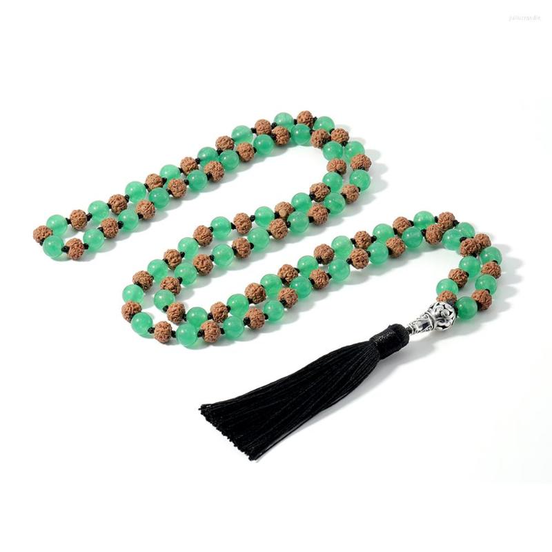 

Pendant Necklaces Rudraksha & Green Aventurine Beaded Knotted 108 Mala Necklace Meditation Yoga Jewelry With Black Tassel Metal