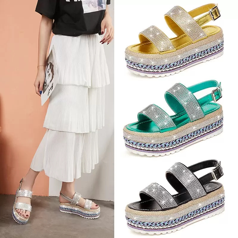 

Beach Bling Ladies Sandals Women Sandals Shoes Woman Summer Crystal Rome Rhinestone Platform Mixed Color Wedges, Black