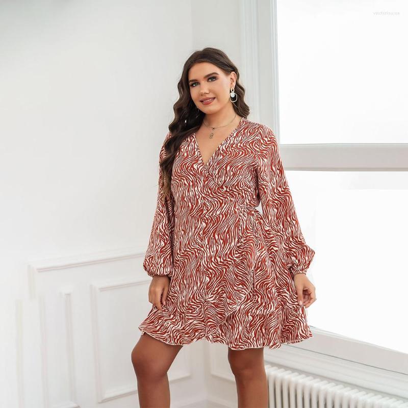 

Plus Size Dresses 2022 Spring And Summer Women V Neck Dress Street Elegant Long Sleeve Casual Geometry -4XL, Orange